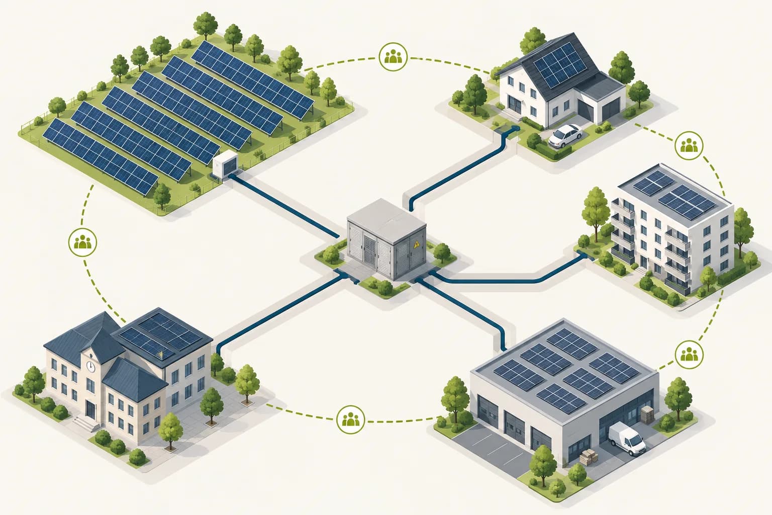 Illustration: Energy Sharing im örtlichen Verteilnetz – PV-Freiflächenanlage, Einfamilienhaus, Mehrfamilienhaus, kommunales Gebäude und Gewerbebetrieb teilen Solarstrom; Reststromlieferung über die Ortsnetzstation