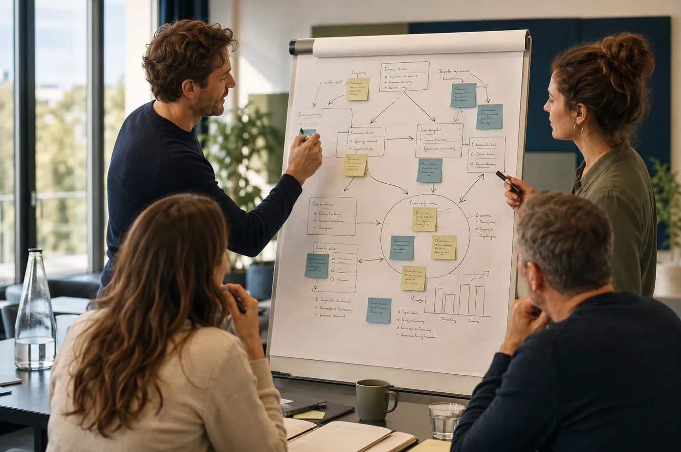Workshop-Gruppe erarbeitet am Flipchart ein Geschäftsmodell-Diagramm mit Haftnotizen