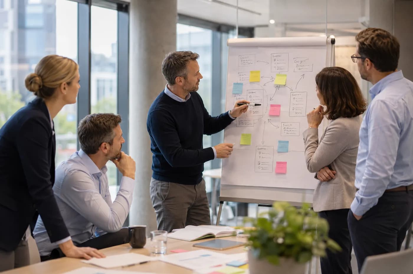 Workshop-Gruppe arbeitet gemeinsam am Flipchart
