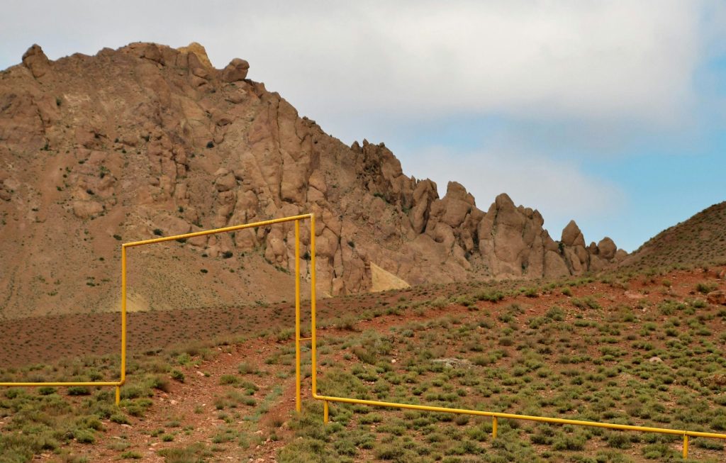 ein Feld mit einem Berg im Hintergrund